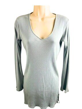 Skin Ribbed Long Sleeve V-Neck Top Sage Green Size 2 Pima Cotton Peru
